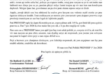 Le parti PRENSSIP appelle au respect de l’échéance du 7 juin et dénonce la détérioration de la situation nationale